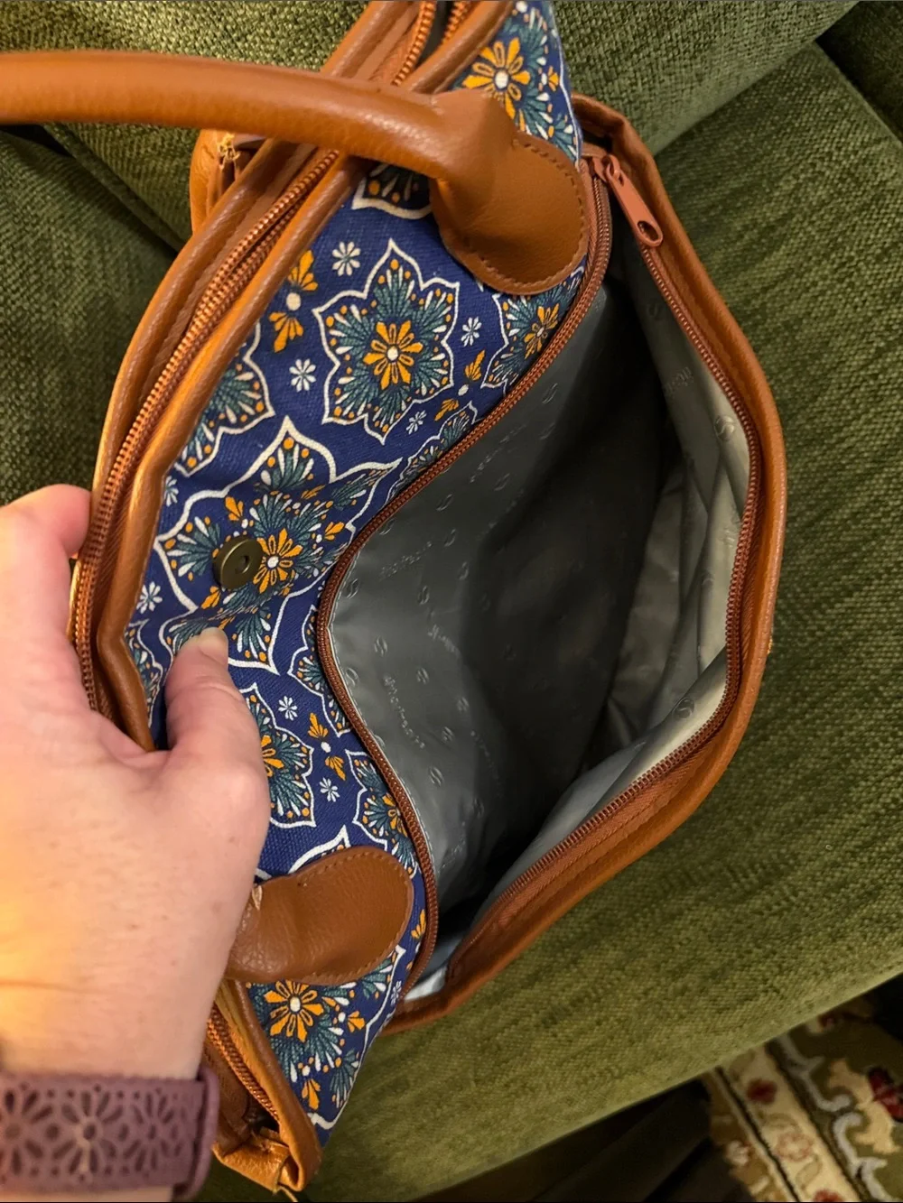 Blue Patterned Insulated Lunch Bag / Tote with Tan Trim